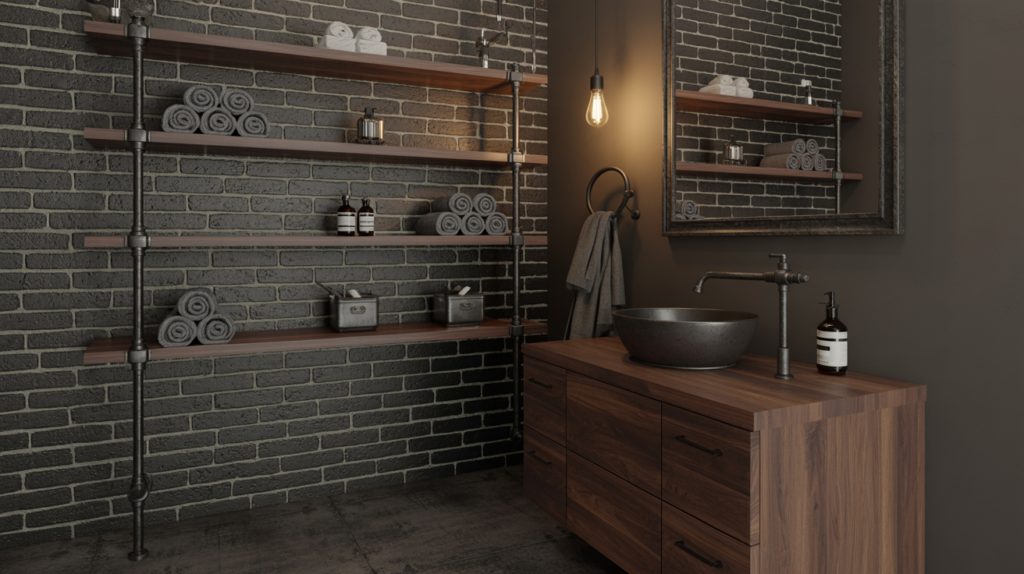 Industrial bathroom with black pipe shelving, dark wood vanity, and raw metal accents