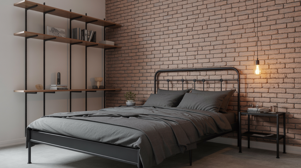 Industrial bedroom with black metal bed frame and exposed brick wall on a budget