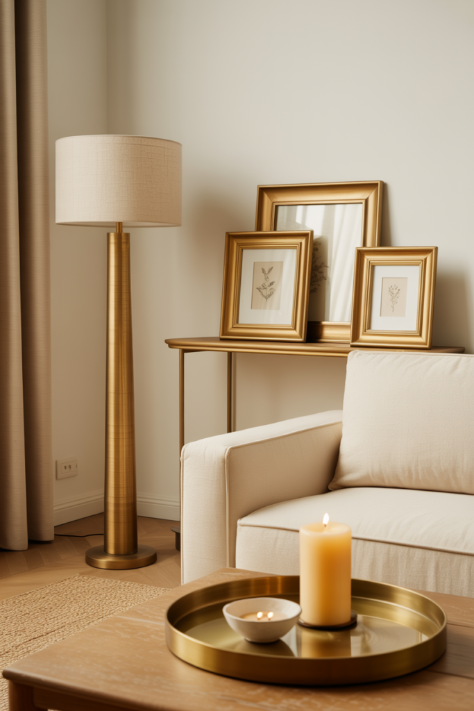 Ivory living room with brushed brass floor lamp, brass picture frames and brass tray on oak coffee table