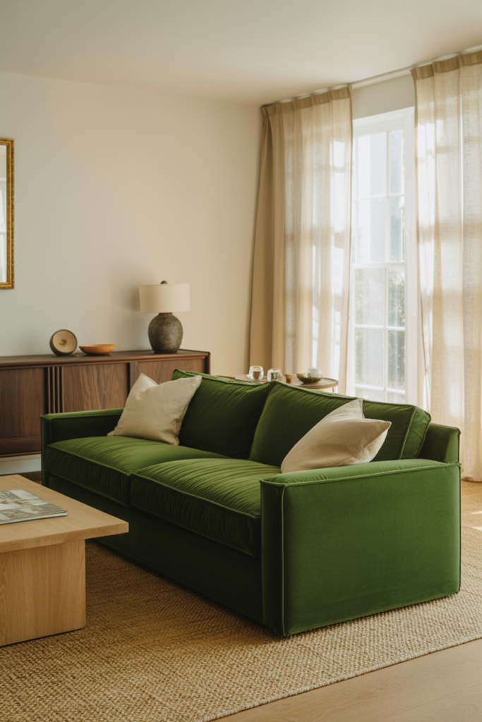 Ivory living room with deep forest green velvet sofa as contrast piece alongside walnut sideboard and ivory linen curtains
