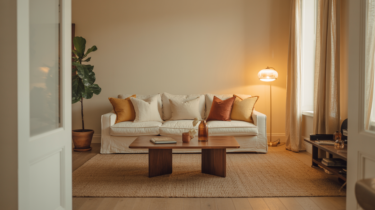 Warm ivory living room with cream linen sofa, jute rug, walnut coffee table and brass floor lamp styled to avoid a washed-out look