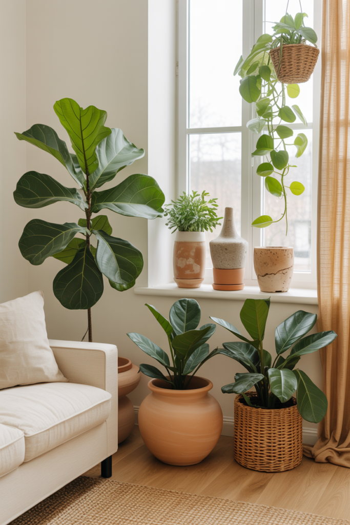 Ivory living room with large fiddle leaf fig in terracotta pot, grouped windowsill plants and trailing pothos in woven basket