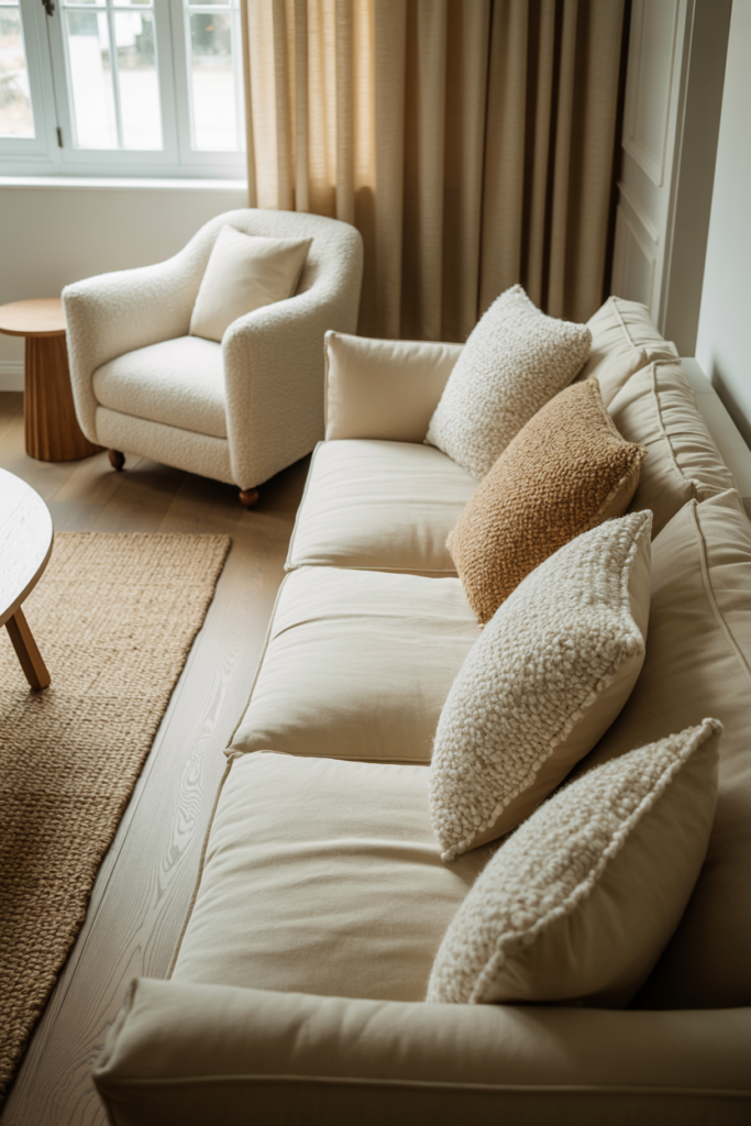 Ivory living room with oatmeal linen sofa, boucle accent armchair and floor-to-ceiling natural linen curtains