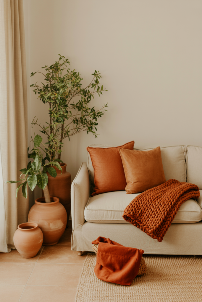 Ivory living room with terracotta cushions, rust wool throw and terracotta ceramic plant pots on light oak floor