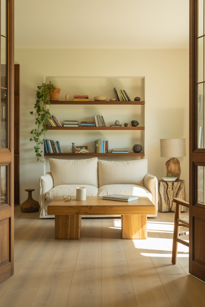 Ivory living room warmed with oak coffee table, walnut open shelving and driftwood side table on light oak flooring