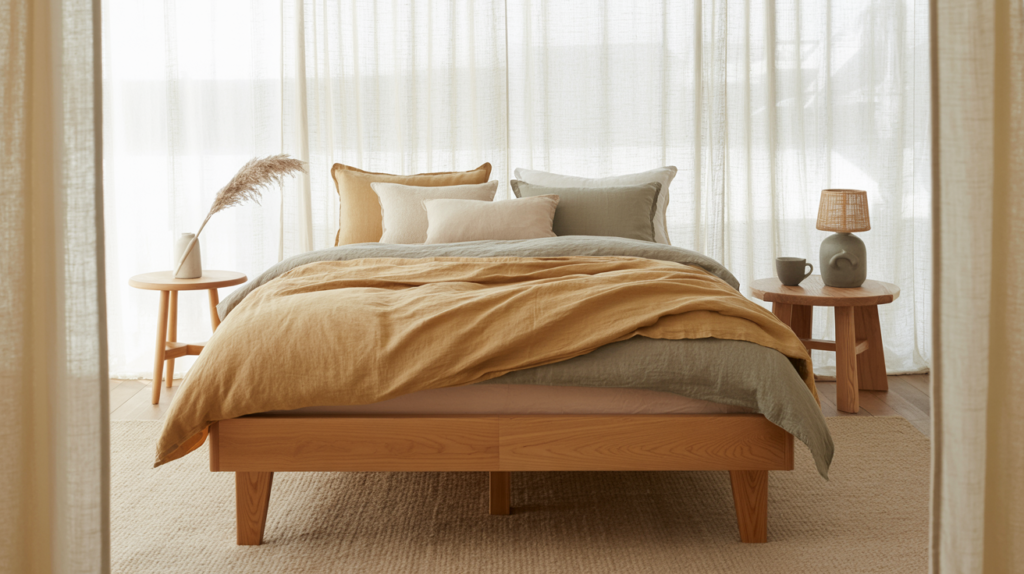 Full room Japandi bedroom with oak platform bed olive tree and natural linen bedding in soft daylight