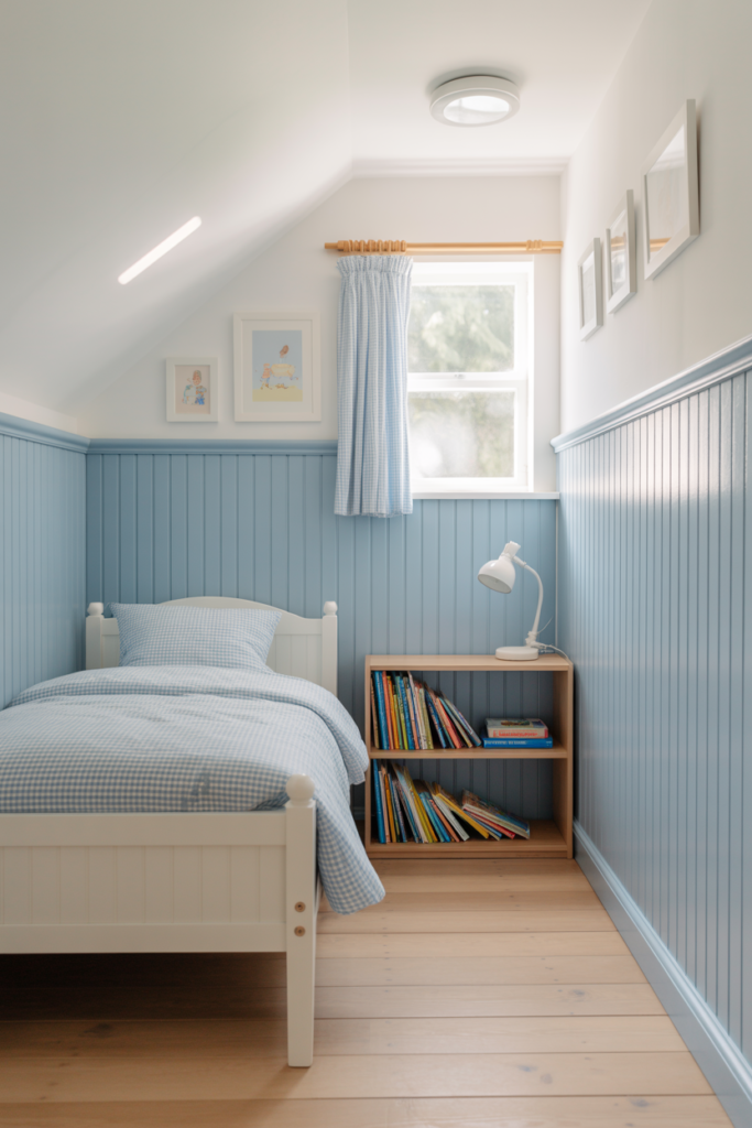 Powder blue beadboard knee wall in a kids attic bedroom with white wooden bed and colorful bookshelf