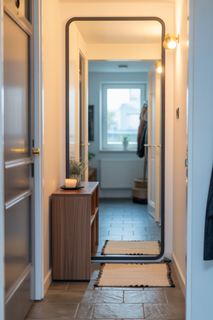 Large floor-to-ceiling mirror with black metal frame in a small entryway making the narrow corridor feel twice as big