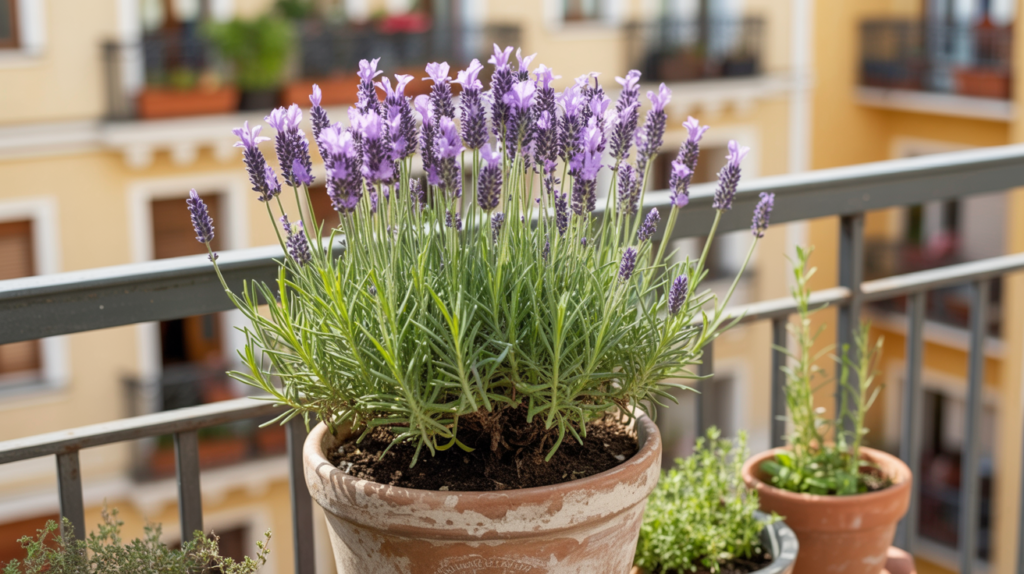 Lavender plant in clay pot on a sunny boho apartment balcony railing