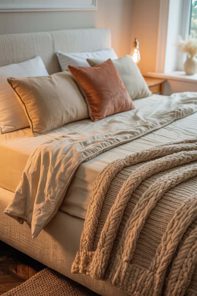 Luxuriously layered bedroom bedding with chunky knit throw, velvet pillows, and warm linen duvet in a cozy setup