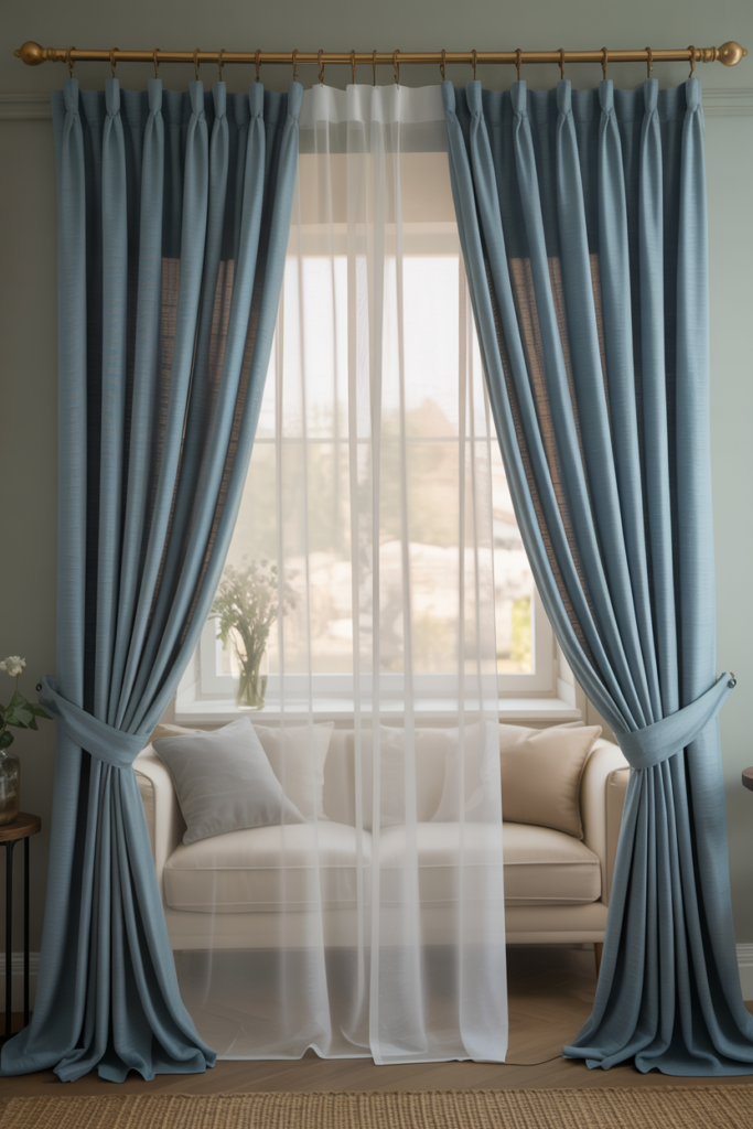 Layered sheer and linen curtains on a living room window with dusty blue drapes