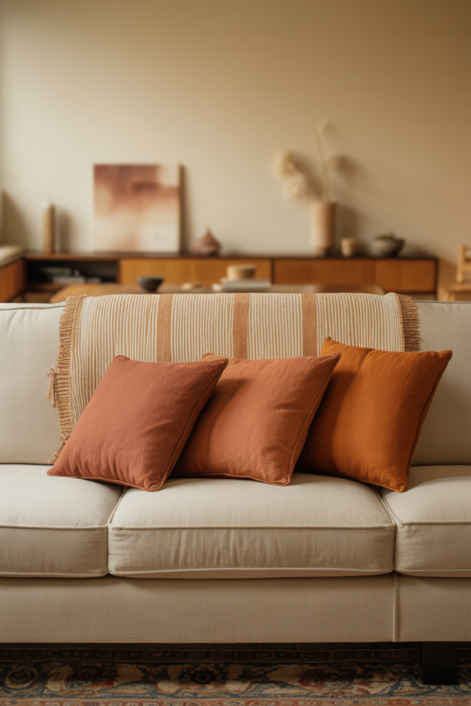 Ivory Egyptian cotton throw layered behind terracotta cushions on a cream sofa
