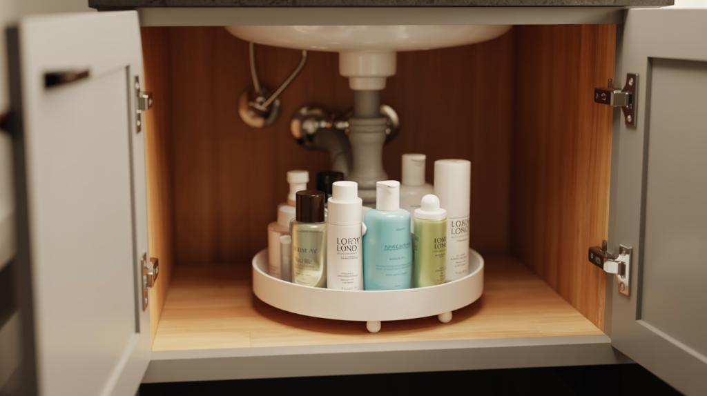 Small lazy Susan organizer inside under sink bathroom cabinet for easy access