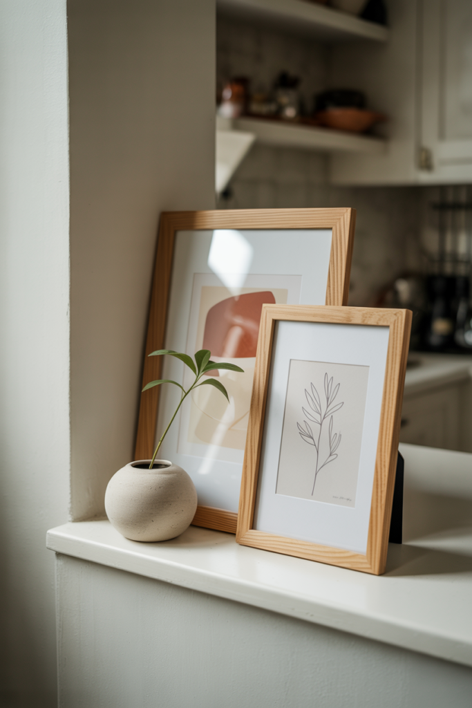 Two leaning framed art prints on a white half wall ledge between kitchen and living room with a small ceramic plant pot