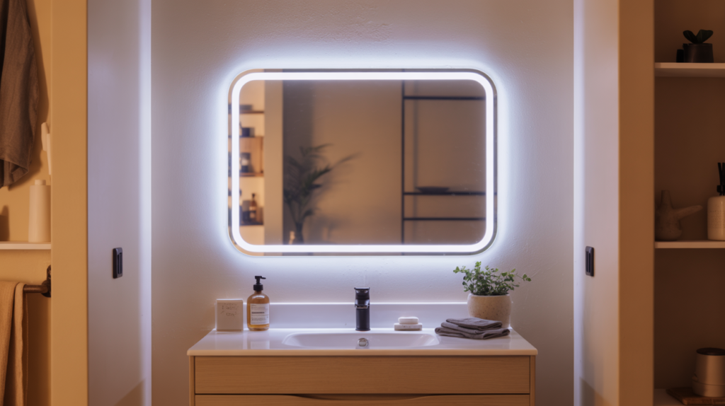 LED backlit bathroom mirror with soft halo glow above a modern single sink vanity