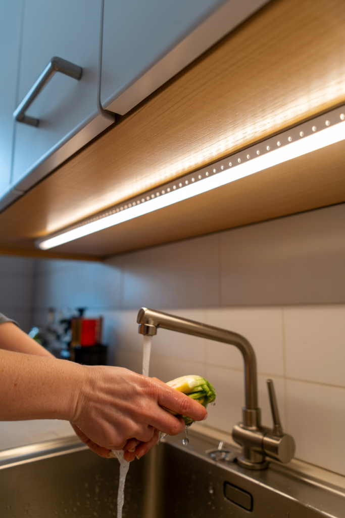LED strip lights mounted under kitchen cabinet above sink providing even task lighting