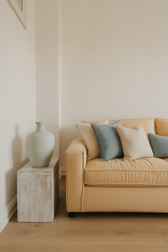 Small beach house living room with warm off-white walls, sandy linen sofa, dusty blue cushions, and light oak hardwood floors