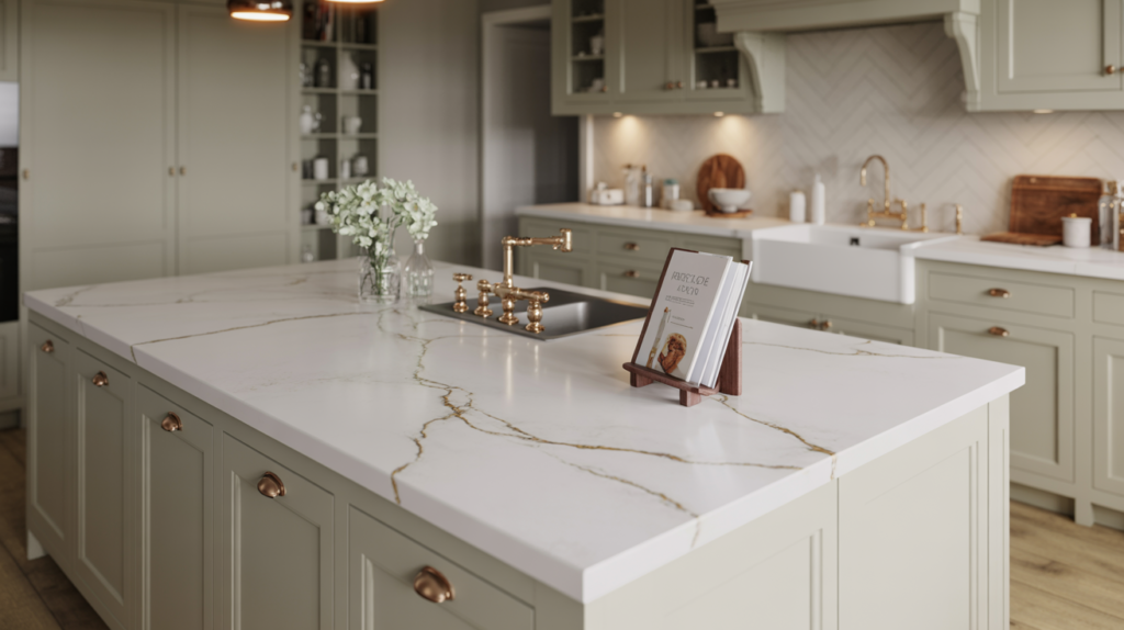 Light grey shaker cabinets with white Carrara marble countertop and brushed gold hardware