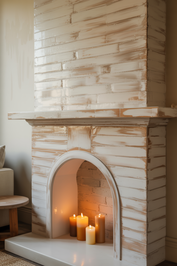 Artisanal limewash finish on living room chimney breast with plaster arch surround and clustered candles on hearth
