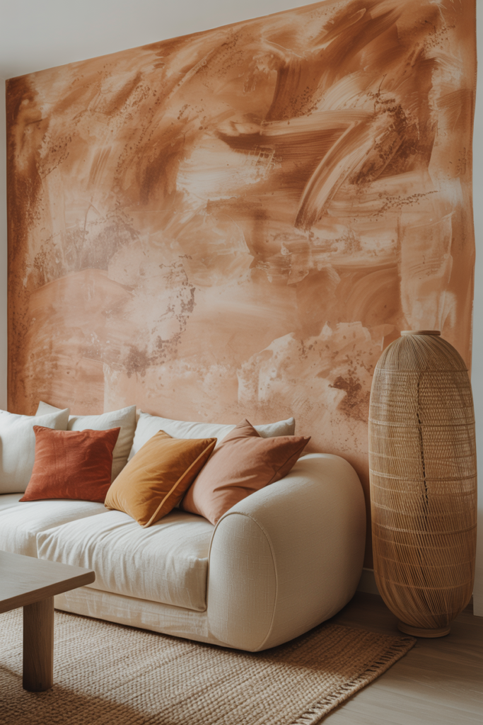 Terracotta limewash paint feature wall in boho living room with cream curved sofa and rattan floor lamp
