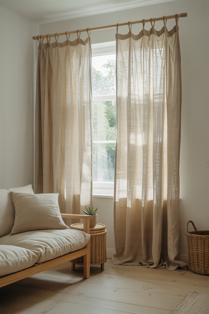 Natural oat linen curtains in a Scandinavian living room with wooden accents
