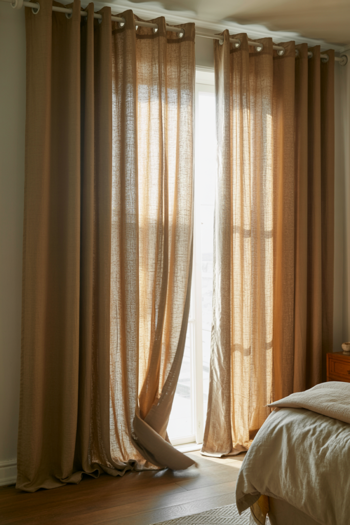 Floor-length natural linen curtains in a warm bedroom with afternoon light filtering through fabric and soft flowing movement