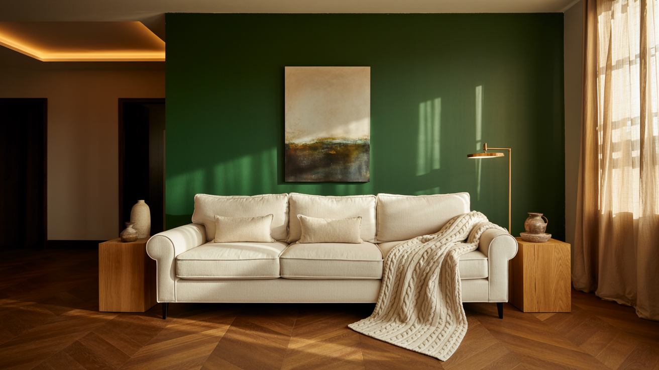 Living room feature wall ideas with deep green painted wall behind cream sofa and warm lighting