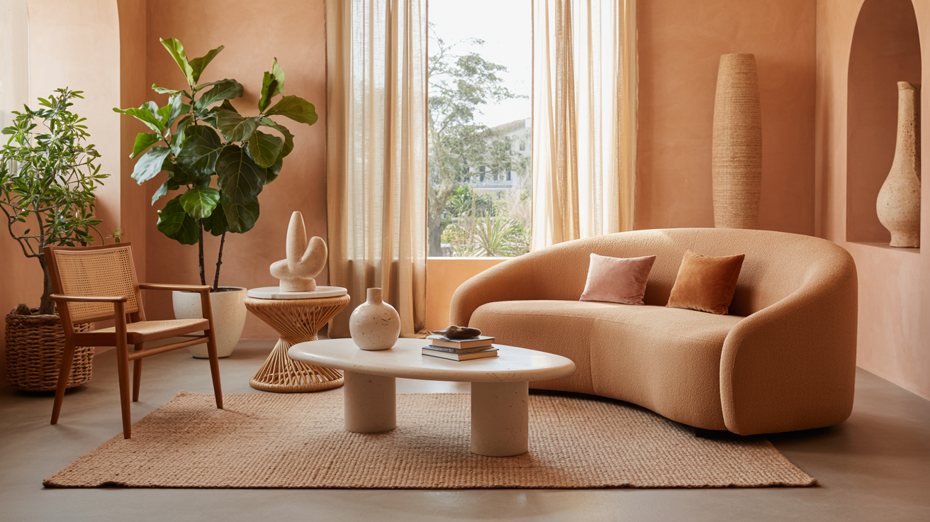 Modern living room trends 2026 featuring curved sofa earthy tones and natural materials in a real home interior