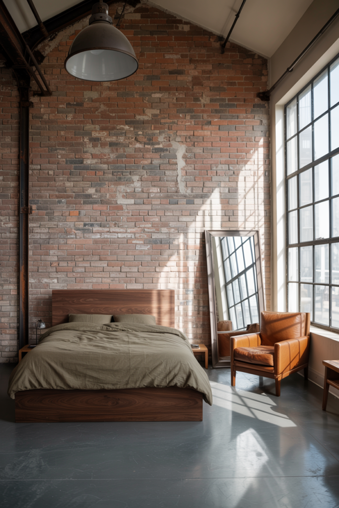 loft style bedroom with exposed brick wall, high ceiling, and industrial wood furniture