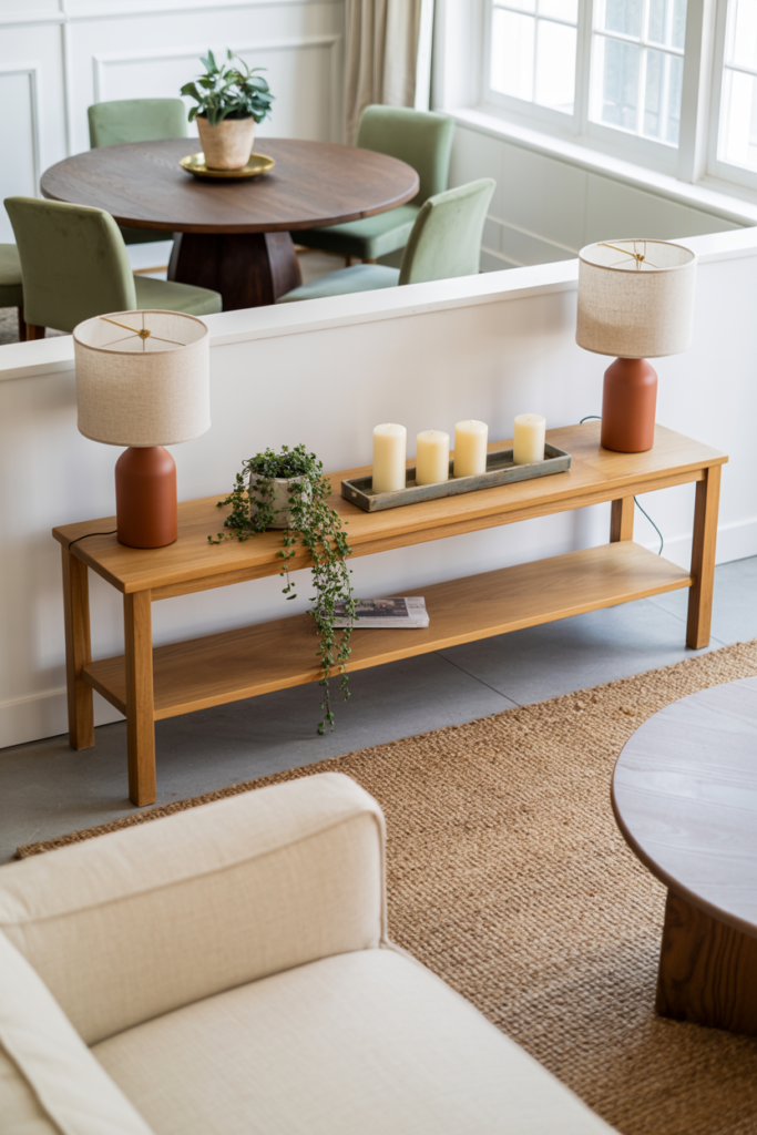  console table styled with lamps and plants as a visual border dividing living room and dining room in open-plan space
