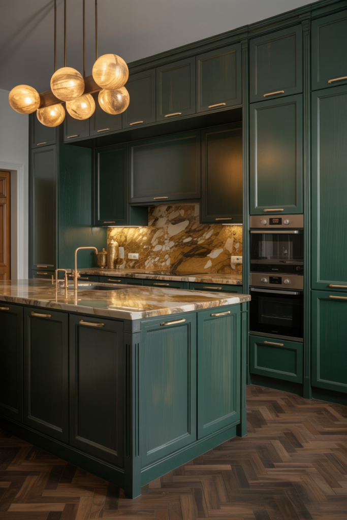 Dark bottle green luxury kitchen cabinets with Calacatta marble countertop, brass hardware, and herringbone hardwood floors