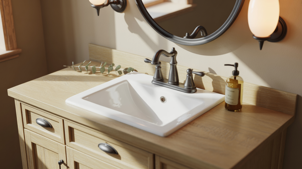 Matte black faucet and fixtures on a wood vanity in a farmhouse bathroom
