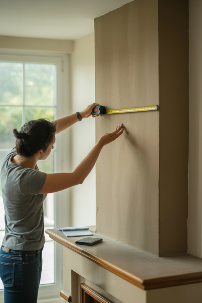 Person measuring a chimney breast in a living room before fitting MDF panel moulding