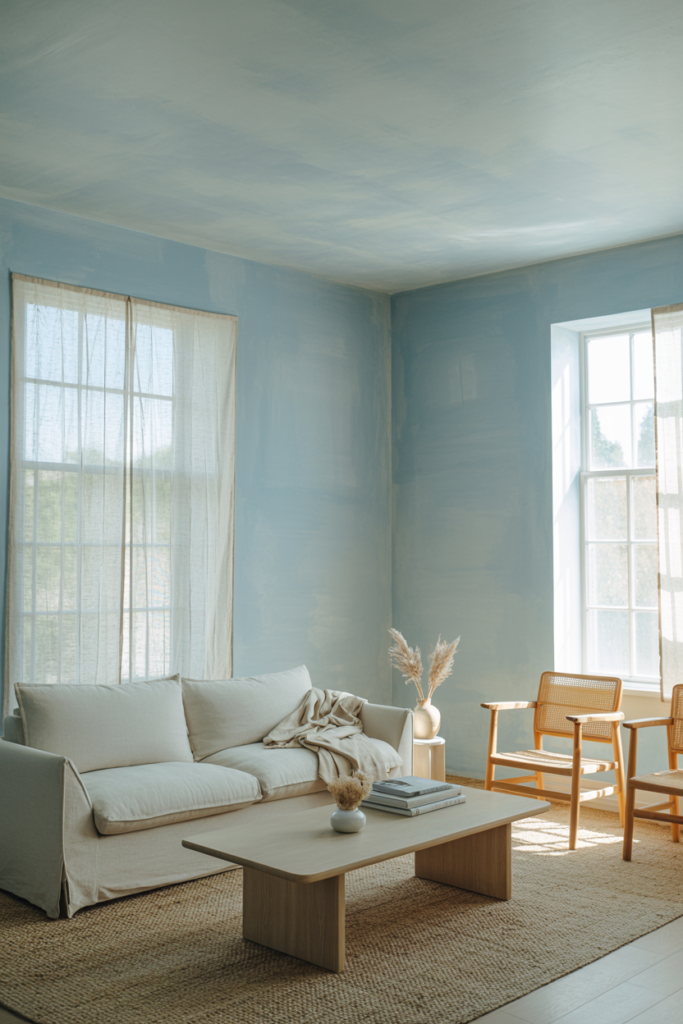 Soft muted blue Mellow Flow paint used on all four walls of a bright Scandinavian-style living room