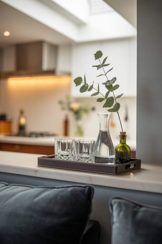 Mini drink station on a kitchen living room half wall ledge with leather tray, crystal glasses, carafe, and eucalyptus stem