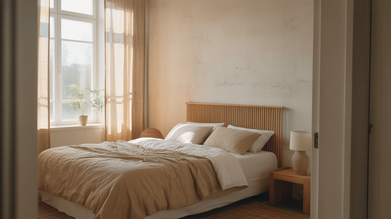 Minimalist bedroom with warm white walls, rumpled ivory linen bedding, oak headboard, jute rug, and soft golden morning light through sheer curtains