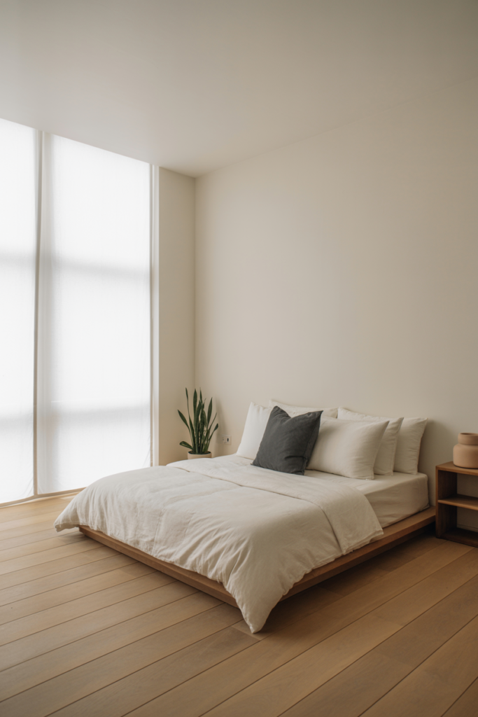 minimalist bedroom with white walls, platform bed, and clutter-free clean interior design
