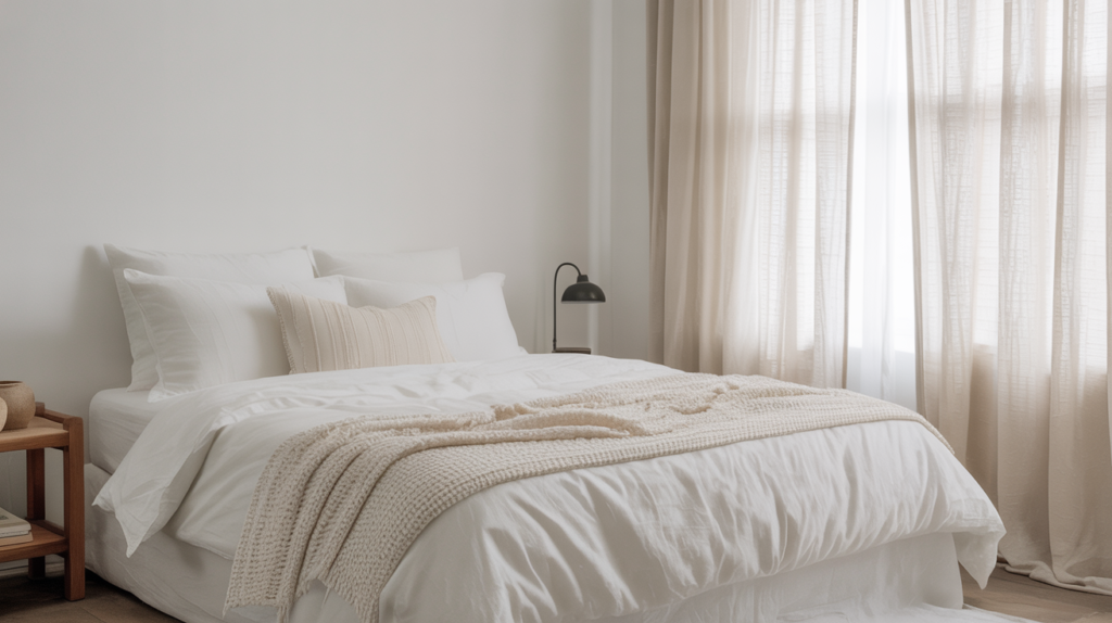 Minimalist white bedroom design with layered white bedding and black accents on a budget
