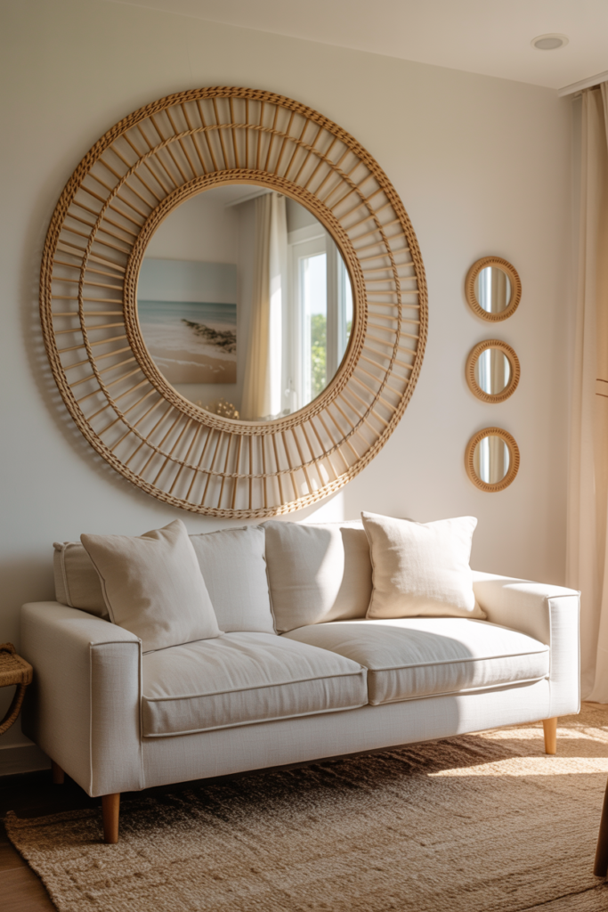 Small beach house living room with large round rattan-framed mirror above a cream sofa reflecting natural light in a coastal interior