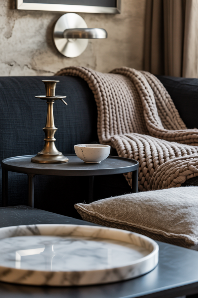 Mixed metals and textures in a living room showing brass candlestick, matte black side table, marble tray, and chunky knit thro