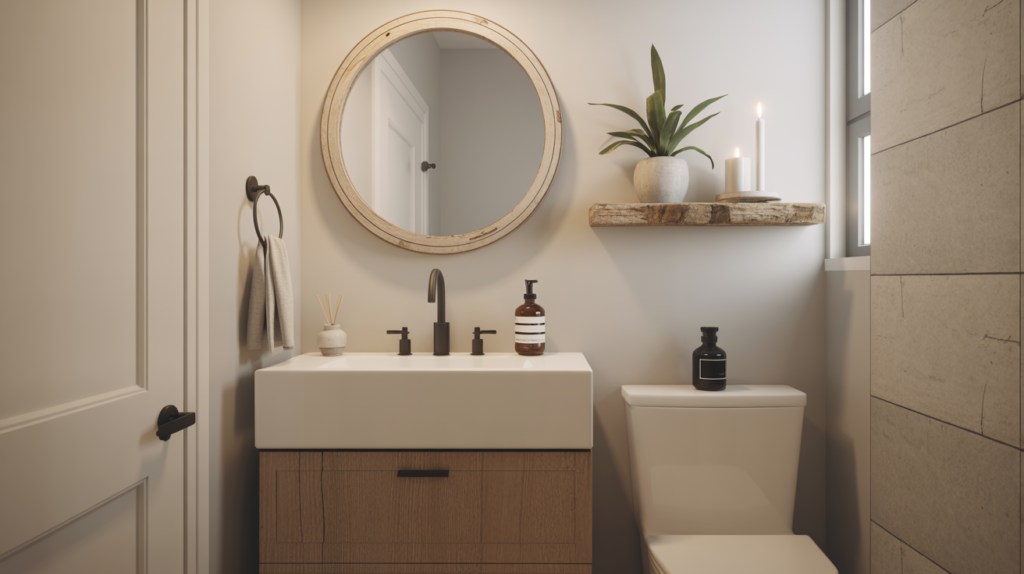 Bathroom mixing modern floating vanity with farmhouse wood shelf and matte black hardware