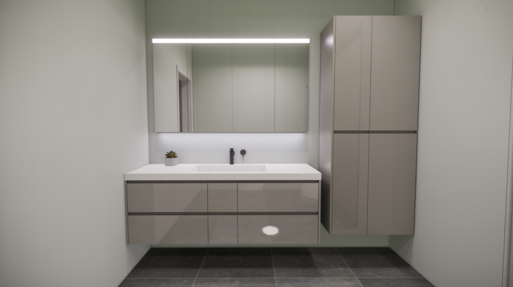 Modern bathroom with sleek white wall-mounted vanity and handle-free storage cabinet