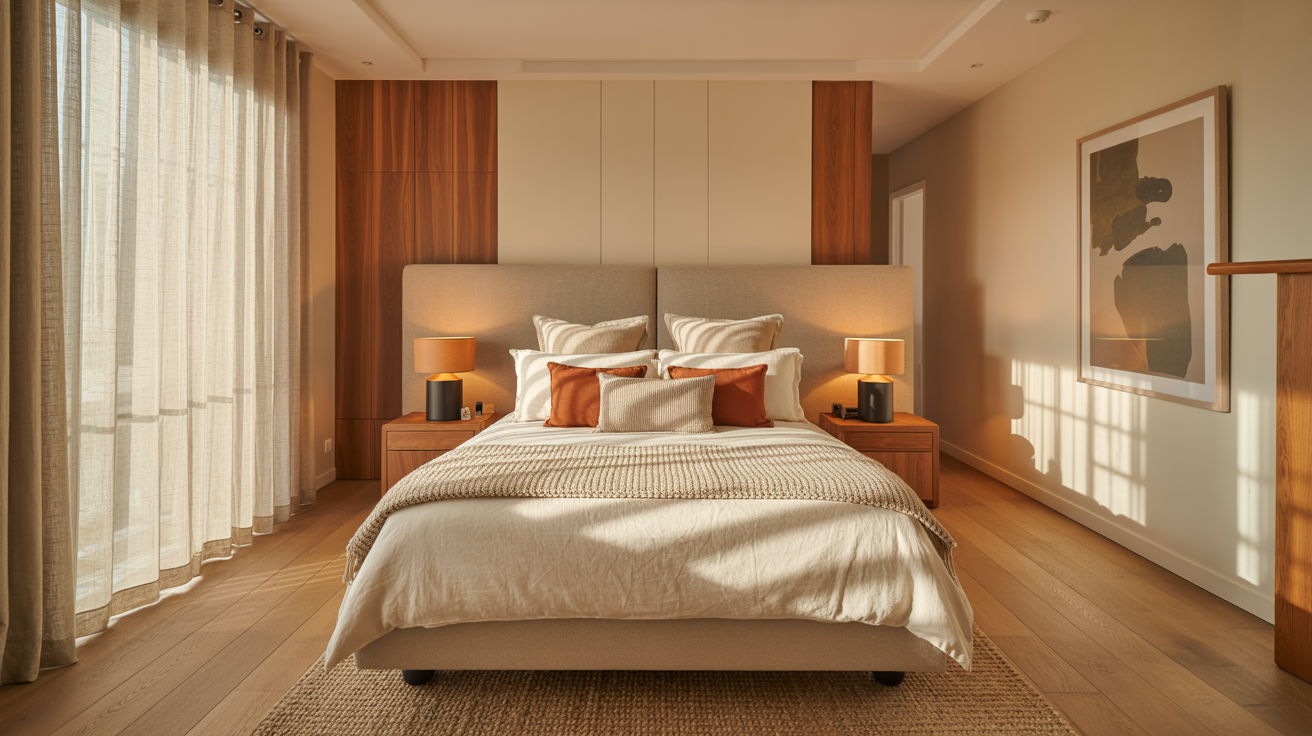 modern bedroom design ideas with neutral tones, clean lines, layered lighting, and minimalist furniture
