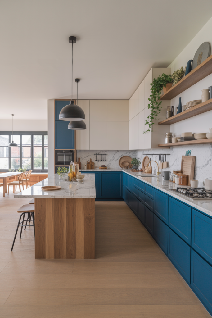 Modern blue kitchen cabinet trends showing matte finish, two-tone design, open shelves and natural wood textures in one contemporary kitchen