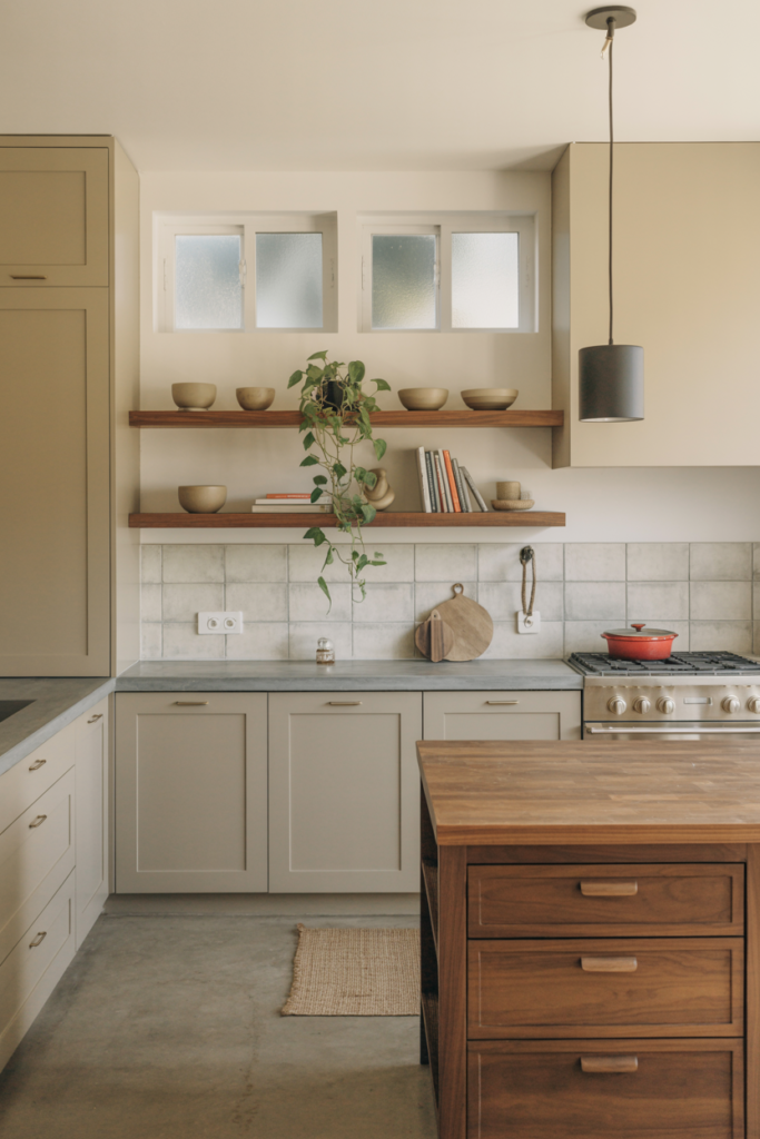 Modern farmhouse kitchen with sage green shaker cabinets, minimal hardware, and warm industrial pendant lights