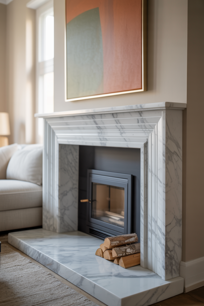 Slimline Carrara marble fireplace surround on updated chimney breast in a neutral contemporary living room