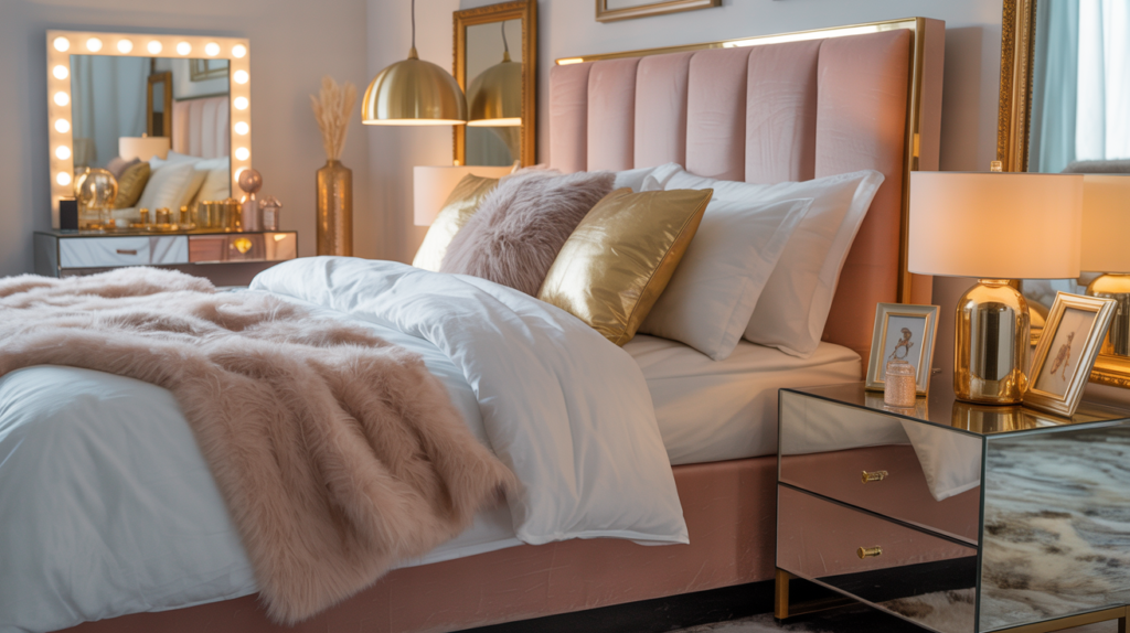 Modern glam bedroom with mirrored furniture and gold accents on a budget