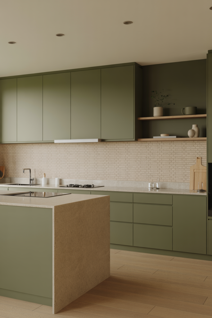 Modern matte olive green flat-panel kitchen cabinets with quartz countertop, oak shelving, and minimalist Scandinavian kitchen style