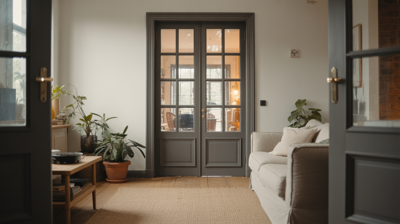 Modern interior door ideas for living rooms featuring a tall black-framed glass panel door with warm natural light