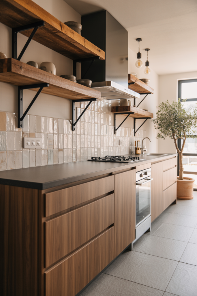Modern rustic kitchen with wood cabinets, black matte hardware, and sleek countertops blending rustic and contemporary styles